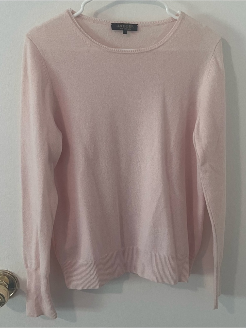 Jaeger Pure Cashmere Jumper Crewneck Sweater Pale Pink Ribbed Cuffs Large Flawed